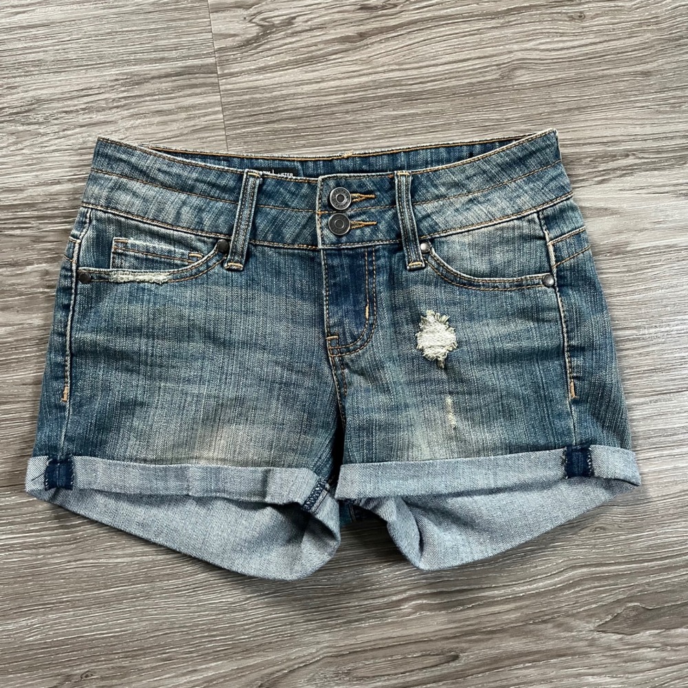 Y2K Rampage Booty Lifter Denim Shorts Medium Wash Distressed Cuffed Size 1